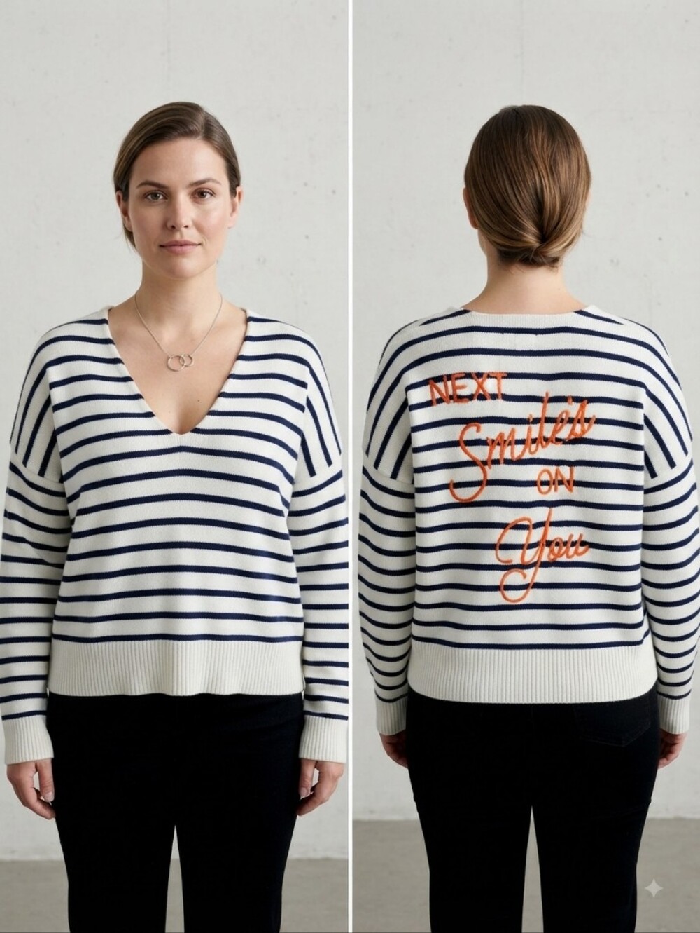 Next Navy & White Striped V-Neck Sweater with Orange Script